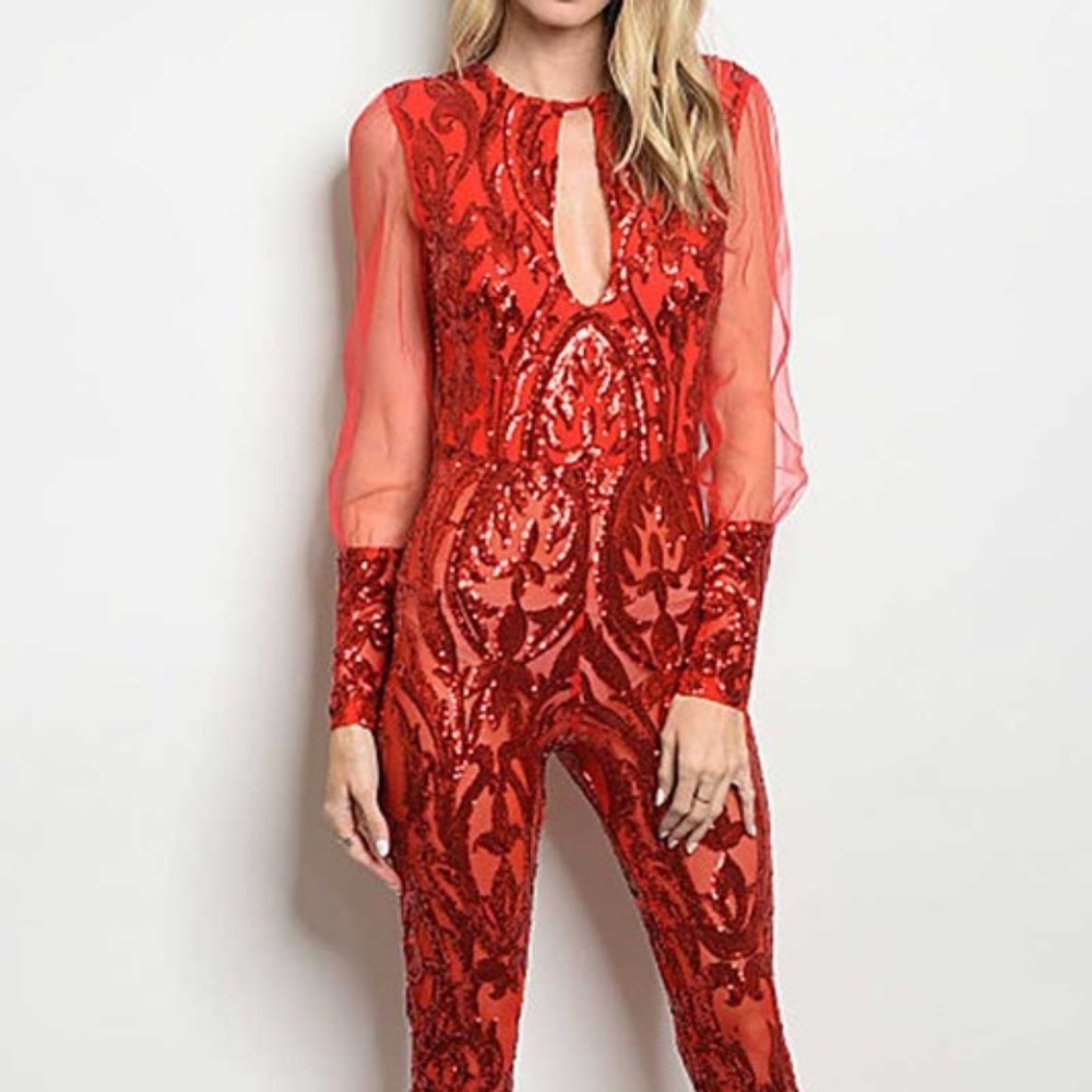 red sequin jumpsuit tulle mesh sleeve